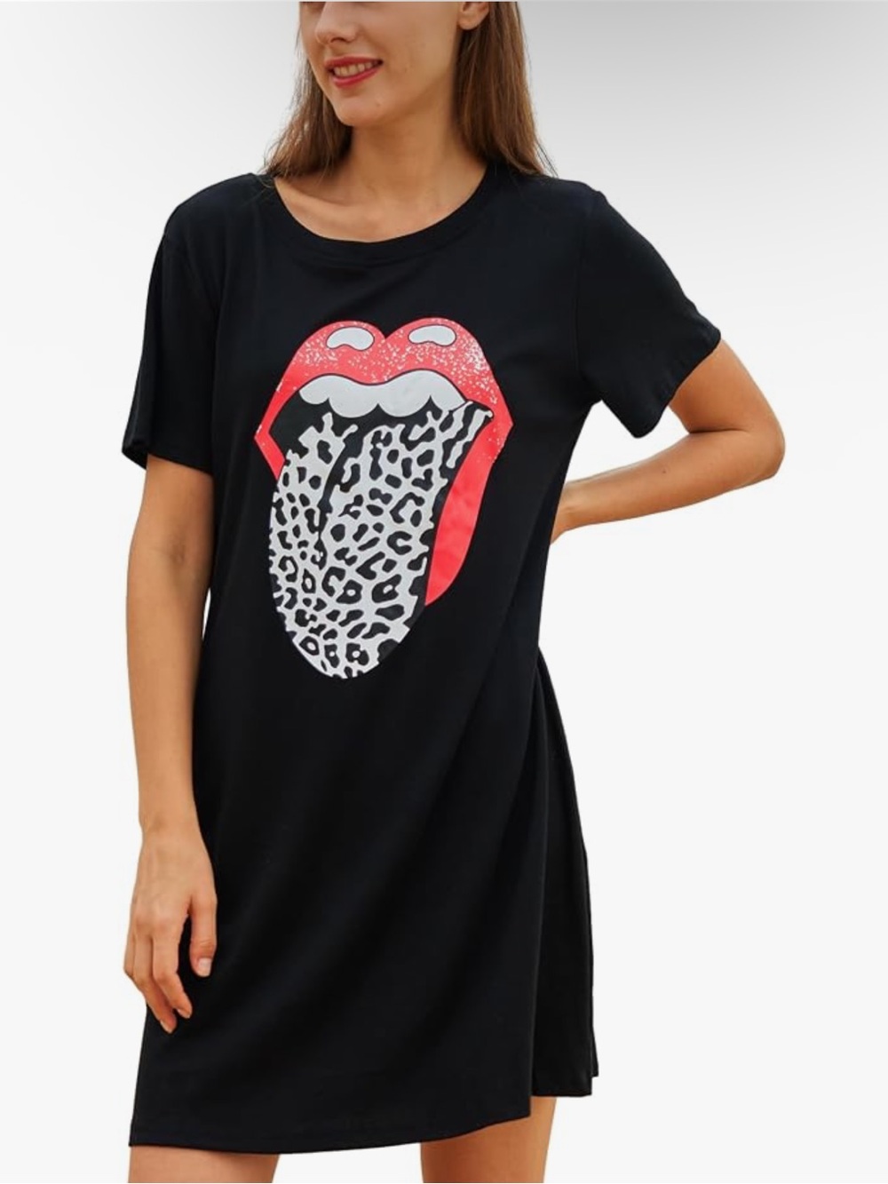 Black Graphic Tee Dress with Red Leopard Tongue Print